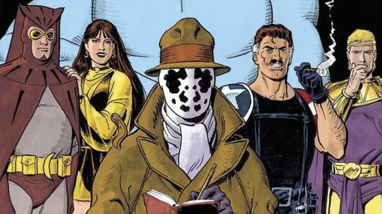 Watchmen DC Black Label cover by Dave Gibbons (L-R): Nite-Owl, Silk Spectre, Rorschach, the Comedian, and Ozymandias, with giant Doctor Manhattan in the background