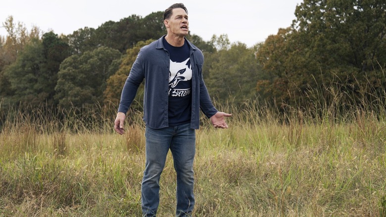 Chris shouting in confusion on the planet Salvation in Peacemaker season 2