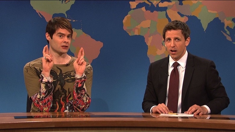 Bill Hader and Seth Meyers during Weekend Update on SNL