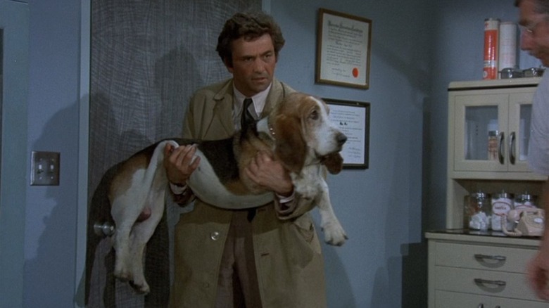 Peter Falk como Columbo carregando cachorro o cachorro no Columbo