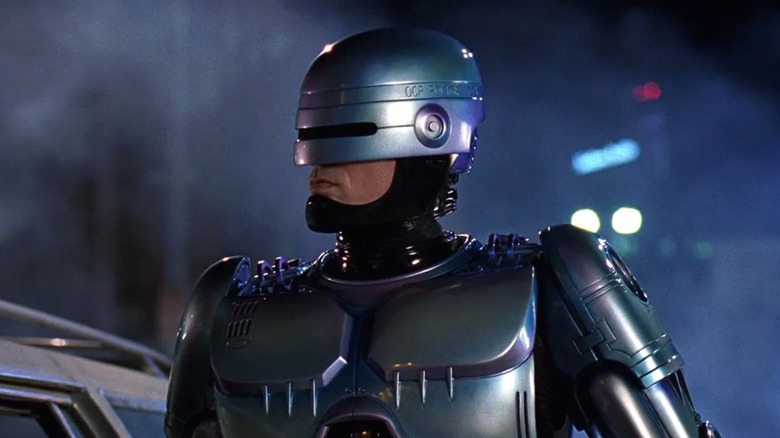 Peter Weller's RoboCop patrolling the streets of Detroit in RoboCop