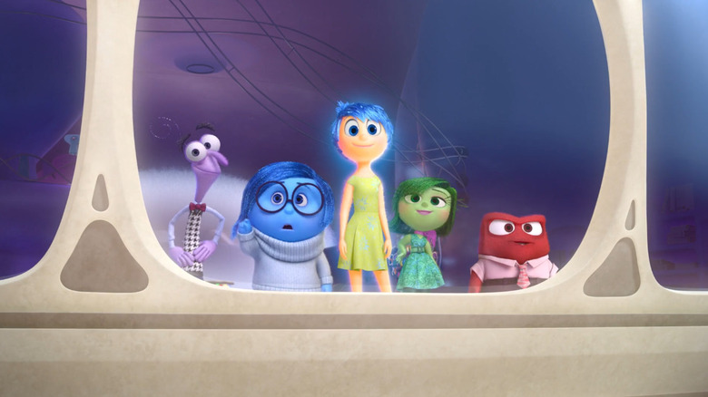 Fear Sadness Joy Disgust and Anger looking out the window of the control center in Inside Out