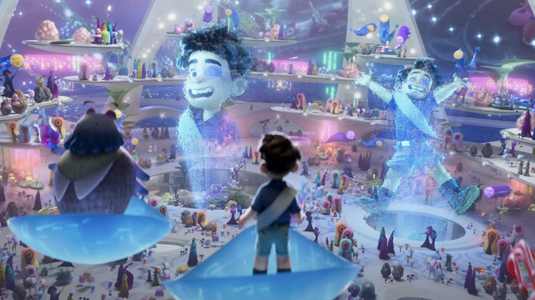 Elio looks among the Communiverse courtyard filled with aliens, as well as two big holograms of himself looking excited upon his arrival