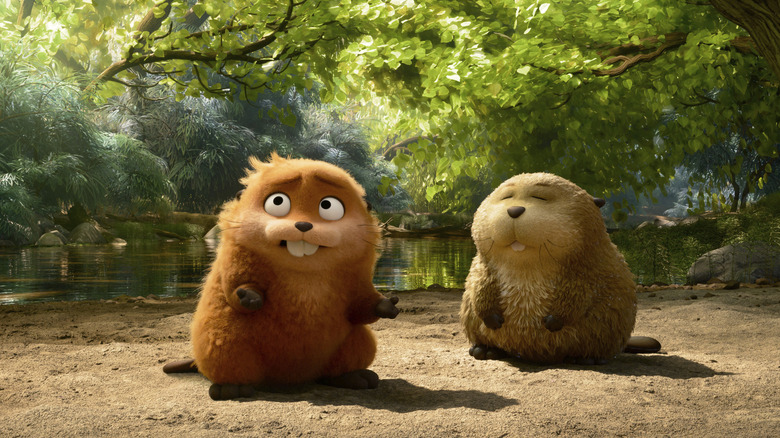 Piper Curda as the voice of the human-turned-beaver Mabel sitting in a forest with a beaver named Loaf in Hoppers