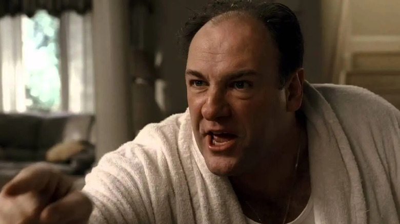 Sopranos Tony in bathrobe yelling and pointing at Carmela 