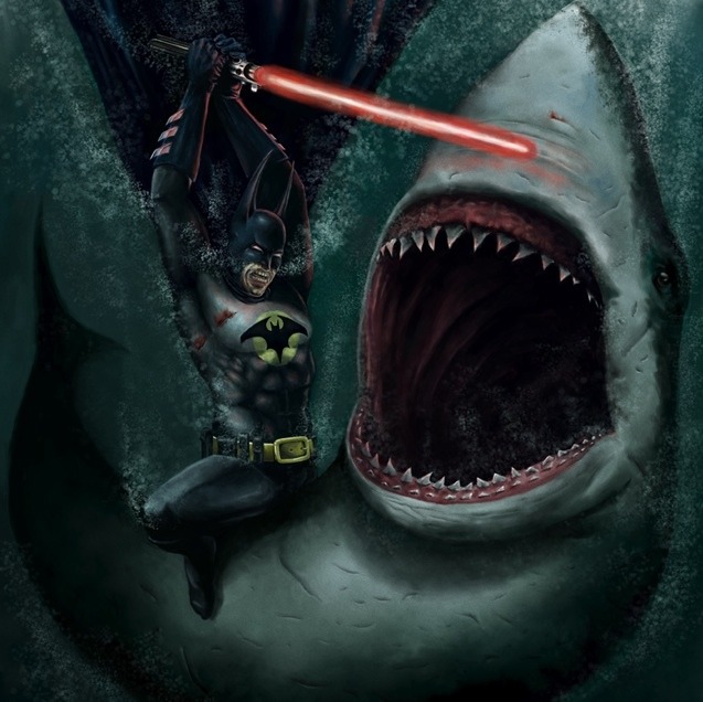 Batman Fighting a Shark with a Lightsaber