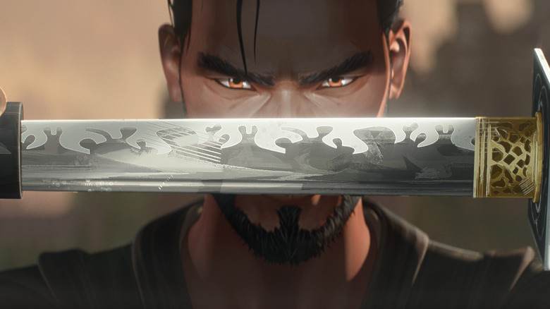 Kenji drawing his sword in front of his face in Predator: Killer of Killers
