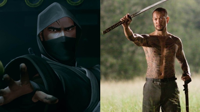The ninja from Killer of Killers with his hand out and Hanzo from Predators raising a samurai sword