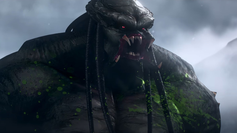 A Yautja yelling a war cry in an outdoor location in Predator: Killer of Killers