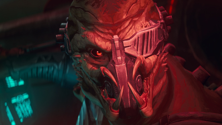 A one-eyed Yautja at the controls of a spaceship during an aerial dogfight in Predator: Killer of Killers