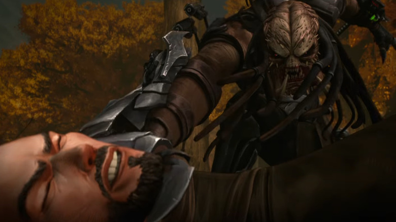 A Yautja grabs a samurai by the neck and closes in for the kill in Predator: Killer of Killers