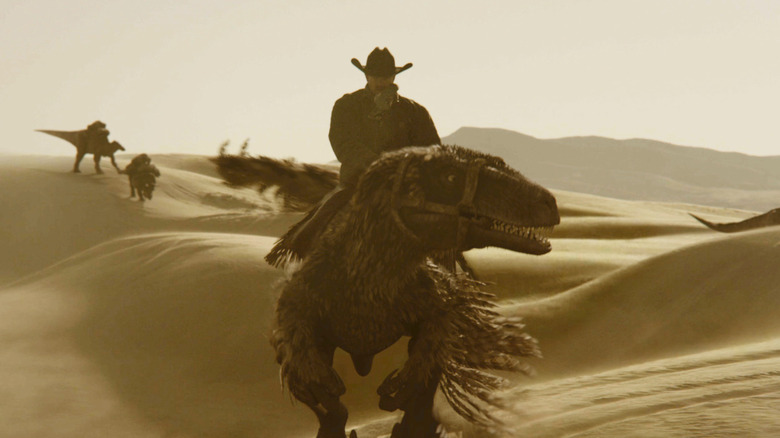 A man riding a raptor in Dinosaurs of the Wild West
