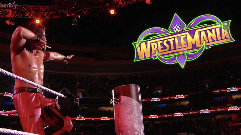 Shinsuke Nakamura pointing to the Wrestlemania sign after winning the Royal Rumble in 2018. 