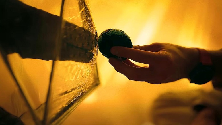 A human hand holds out a ball to an alien hand in Project Hail Mary