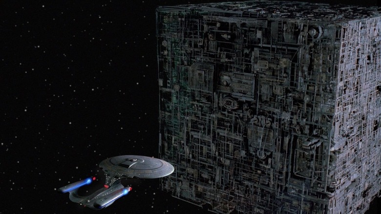 The USS Enterprise and a Borg ship on Star Trek: The Next Generation