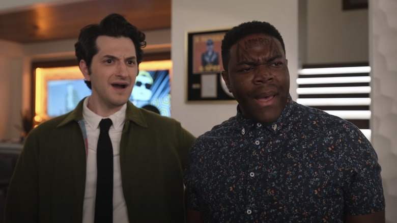 Ben Schwartz as Yasper E. Lennov and Sam Richardson as nerd Aniq Adjaye express surprise in The Afterparty