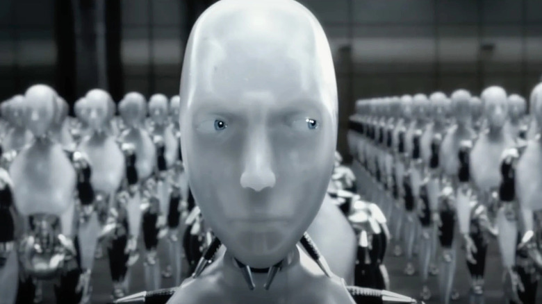 Sonny in a crowd of robots in I, Robot