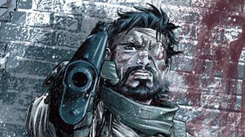 Punisher with beard and bandaged eye pointing his firearm