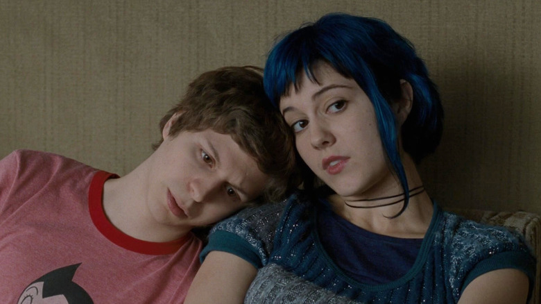 Scott Pilgrim (Michael Cera) leaning his head on Ramona Flower's (Mary Elizabeth Winstead) shoulder in Scott Pilgrim vs. the World