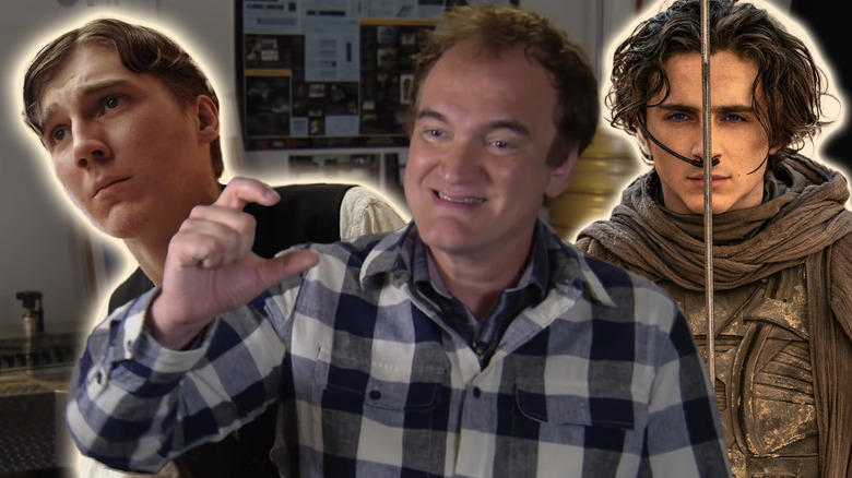 Composite image of Paul Dano in There Will Be Blood, Quentin Tarantino in blue plaid shirt making an inch symbol with his fingers, and Timothée Chalamet in Dune