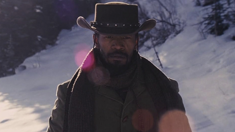 Django Freeman (Jamie Foxx) standing in the snow in Django Unchained