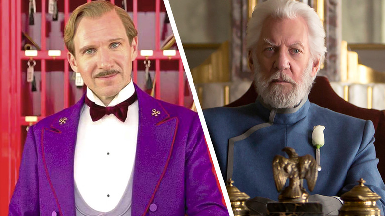 M. Gustave in his purple suit and President Snow wearing a white rose on his lapel in The Hunger Games