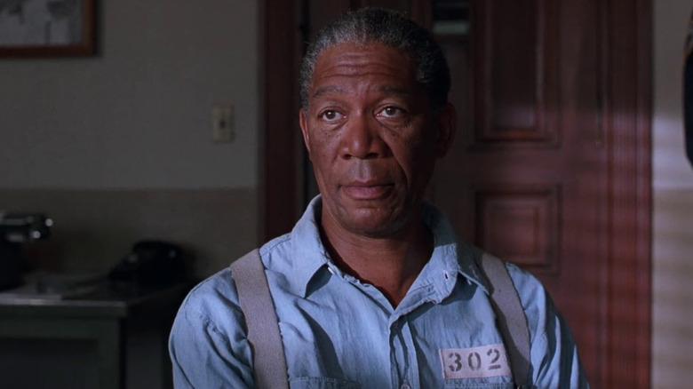 Red (Morgan Freeman) talks to the parole board in The Shawshank Redemption