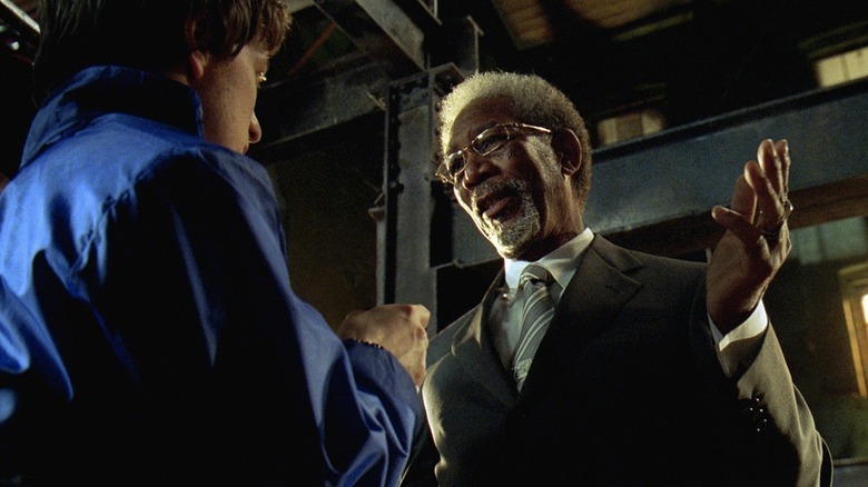 Wesley (James McAvoy) is lectured by Sloan (Morgan Freeman) in Wanted