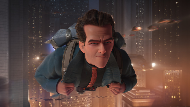 Sam Rockwell as the voice of Raymond Gunn flying through a city on a jetpack in Ray Gunn
