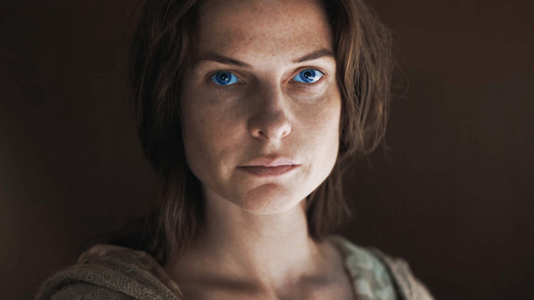 Rebecca Ferguson's Lady Jessica is seen in closeup in Dune Part Two