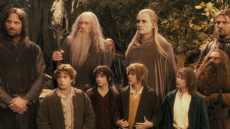 Viggo Mortensen, Ian McKellen, Orlando Bloom, Sean Bean, John Rhys-Davies, Sean Astin, Elijah Wood, Dominic Monaghan and Billy Boyd in The Lord of the Rings: The Fellowship of the Ring