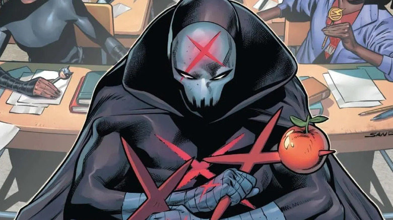 Red X holding his X batarangs sitting in a classroom in Teen Titans Academy
