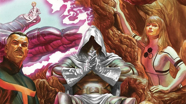 Secret Wars (2015) - Stephen Strange, Franklin von Doom, God Emperor Doom, Susan von Doom, and Valeria von Doom huddled around Yggdrasil throne