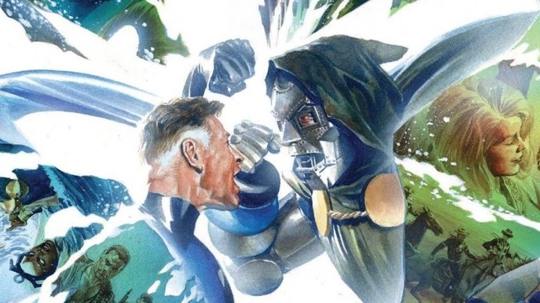 Secret Wars #9 cover, Reed Richards and Doctor Doom fighting with flashes of different universes reflected across white void