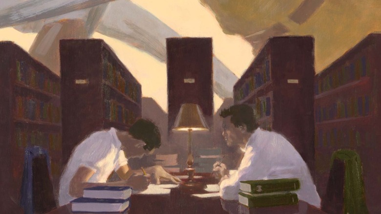 Books of Doom #2 cover, Reed and Victor in college studying together at same table