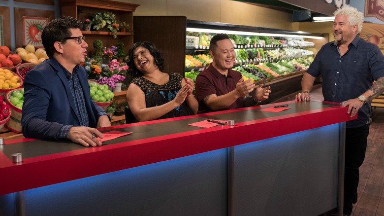 Troy Johnson, Aarti Sequeira, Jet Tila, and Guy Fieri on Guy's Grocery Games