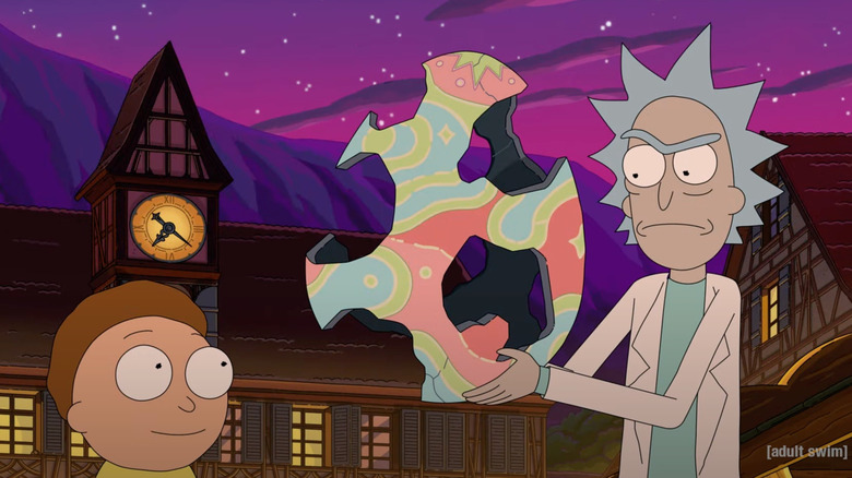 Rick and Morty examining a broken object in Rick & Morty