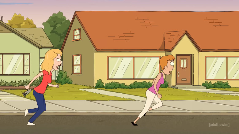Rick and Morty, Beth chasing down Summer down the street with a memory-erasing gun