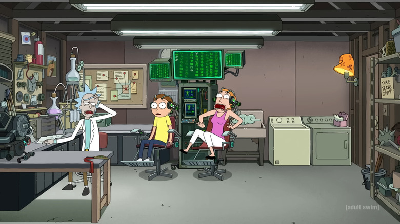 Rick and Morty, Rick groggily waking up to see horrified Morty and Summer, who've just woken up from 17 years in the Matrix
