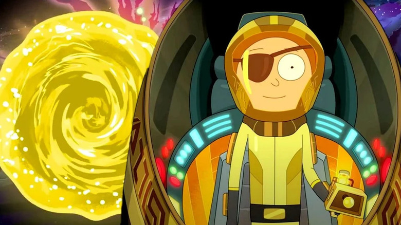 Evil Morty emerging from a portal with a smile on his face in Rick and Morty