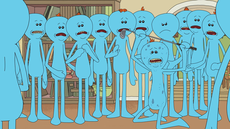 A group of Meeseeks standing together stressed out in Rick and Morty