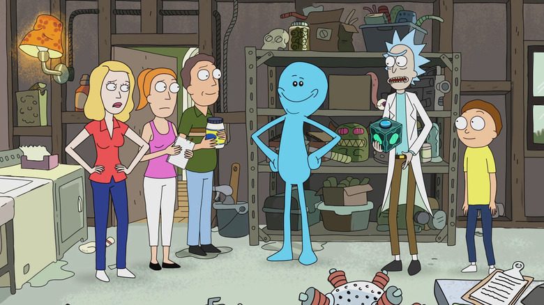 Mr. Meeseeks standing among Beth, Summer, Jerry, Rick, and Morty in the garage.