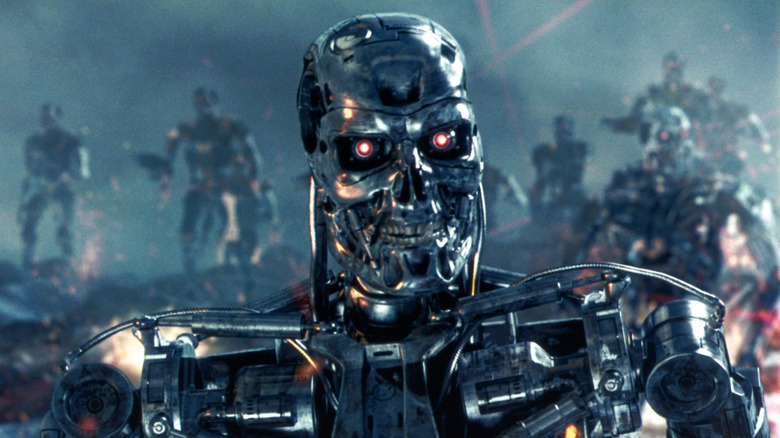 An army of Terminators walking through the devastated wasteland of the future in Terminator 3