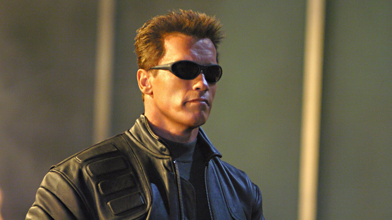 The Terminator wearing sunglasses and a leather jacket in Terminator 3