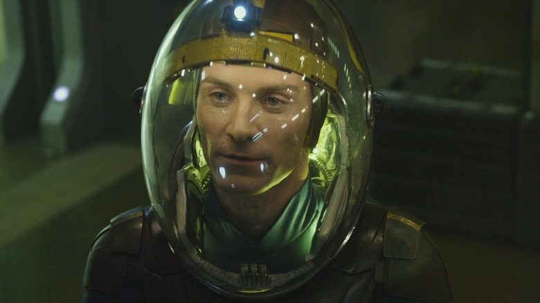 David looks smug while wearing his spacesuit in Prometheus