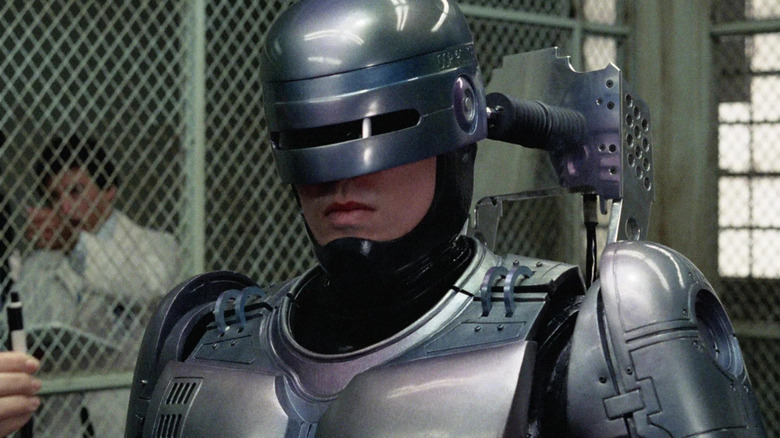 RoboCop with a plug in the back of his head in RoboCop (1987)