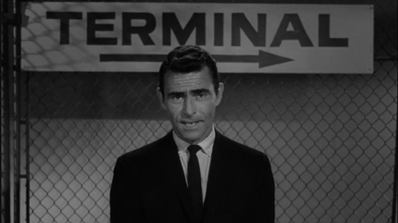 Rod Serling narrates the opening of an episode of The Twilight Zone