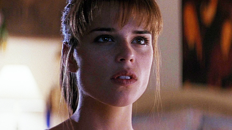 Neve Campbell's Sidney Prescott is seen in closeup in Scream