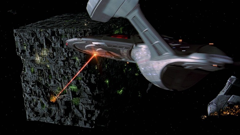 The Enterprise-E firing at a Borg ship in Star Trek: First Contact