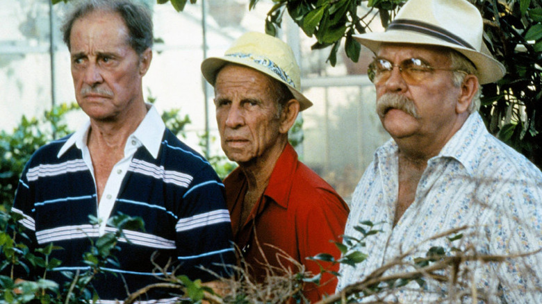 Art, Joe, and Ben, hiding in a bush, looking at something concerning in Cocoon